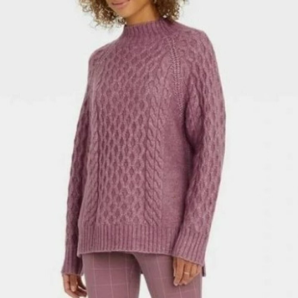 A New Day Mauve Oversized Cable Knit Tunic Mockneck Sweater Purple Large